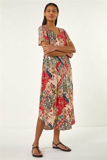 Patchwork Print Curved Hem Midi Dress 14716978