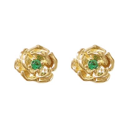 Metallic Emerald May Birthstone Hawthorn Birthflower Gold Plated Stud Earrings