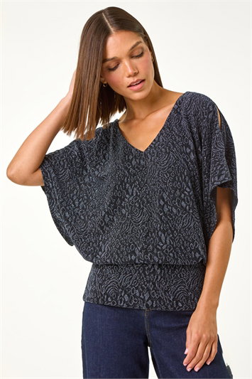 Blue Glitter Animal Print Banded Hem Stretch Top