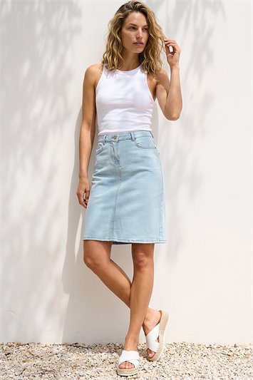 Blue Cotton Denim Stretch A Line Skirt