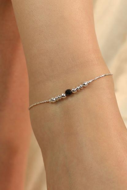 Metallic 925 Silver Black Silver Round Ball Thin Dangle Payal Anklet