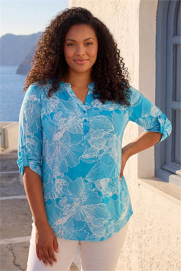Curve Textured Floral Print V-Neck Shirt 19395792