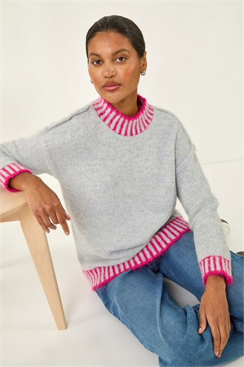 Grey Contrast Colourblock Knit Jumper
