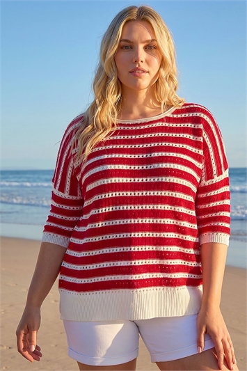 Red Curve Crochet Stripe Knit Top