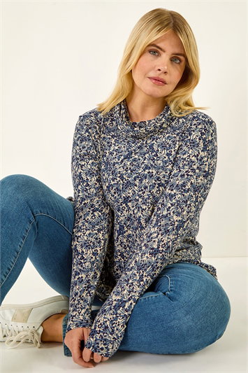 Blue Curve Spot Print Cowl Neck Top