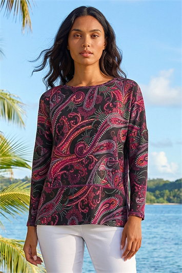 Red Paisley Print Snit Top