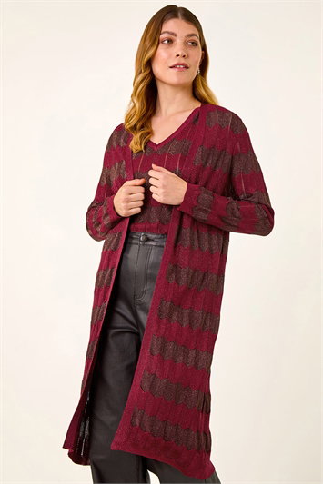 Red Shimmer Stitch Longline Knit Cardigan
