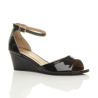Black Mid Wedge Heel Ankle Strap Sandals