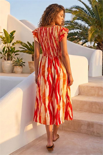Wave Print Shirred Midi Dress 14684678
