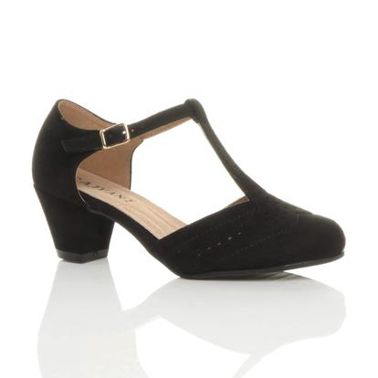 Black Mid Heel Comfort T-Bar Brogue 2 Part Heels