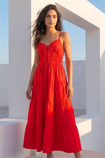 Red Dusk Cotton Tiered Maxi Dress