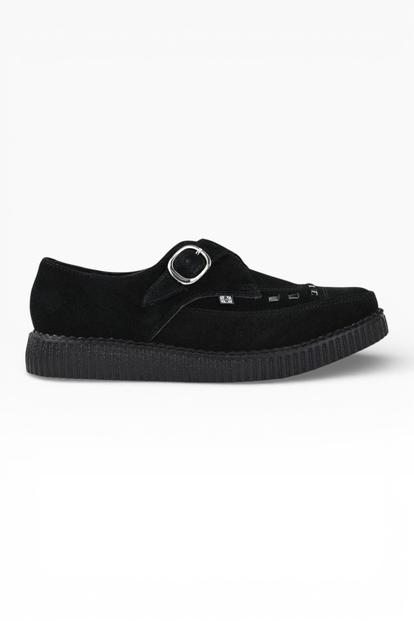 Black Pointed Creeper Suede Monk Buckle Shoes