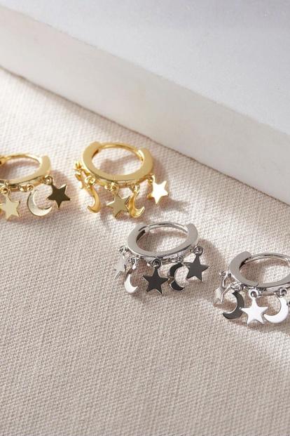 Metallic Star Moon Charm Hoops In Sterling Silver