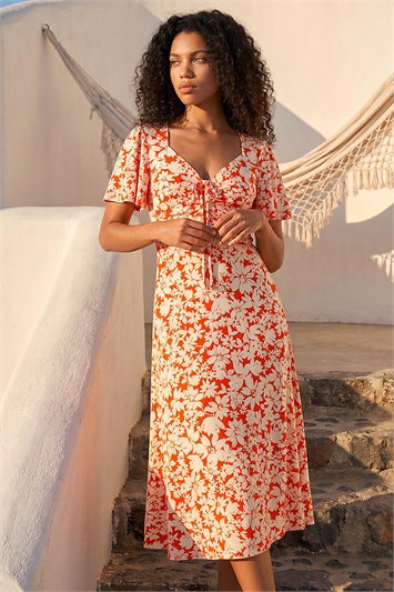 Orange Petite Floral Ruched Midi Dress