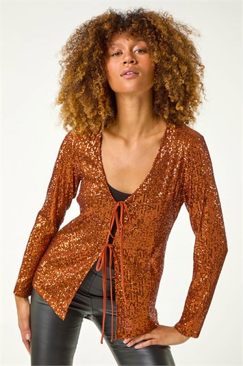 Metallic Front Tie Sequin Detail Top