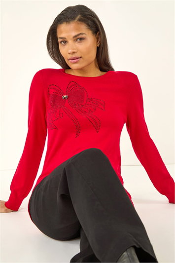 Red Sparkle Bow Detail Crew Neck Jumper