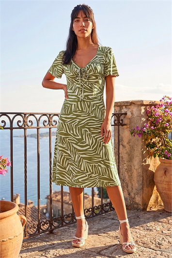Green Petite Animal Stretch Gathered Midi Dress