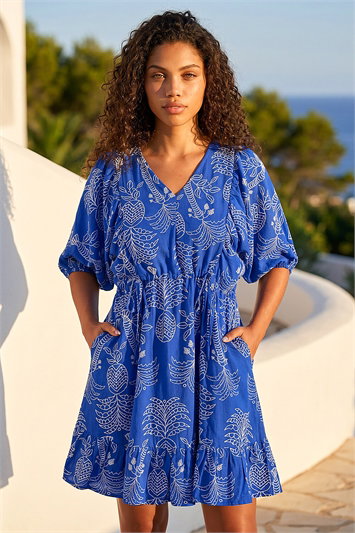Blue Petite Palm Print Smock Dress