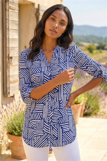 Blue Geo Mono Print Button Up Blouse