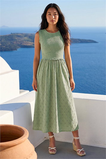 Green Petite Frill Shirred Midi Dress