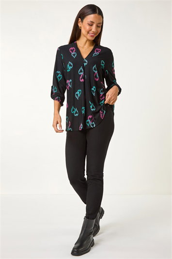 Black Heart Print Longline Blouse