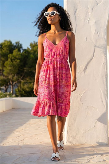 Pink Paisley Print Strap Frill Dress