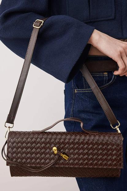 Brown Woven Flap Over Cross Body Bag