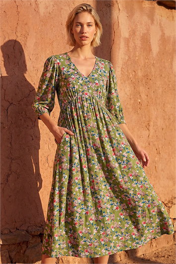 Green Floral Print V-Neck Midi Dress