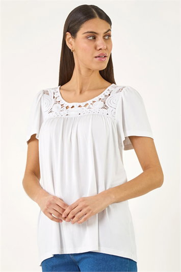 White Crochet Panel Stretch Top