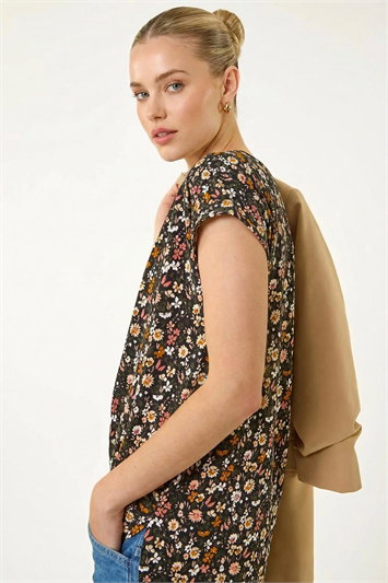 Pink Floral Puff Print Notch Neck Top