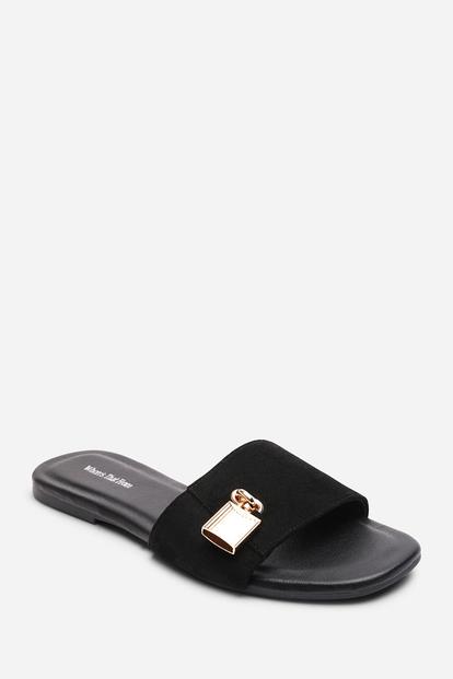 Black Solana Gold Trim Flat Slide On Sandal