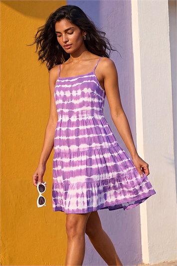 Purple Tie Dye Print Tiered Dress