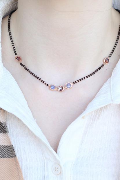 Blue Black Bead 18Ct Gold Plated Blue Stone Slim Mangalsutra Pendant Necklace