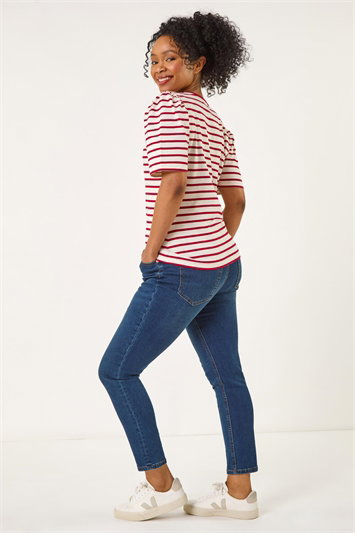 Petite Stripe Ruched Sleeve Top 19407078