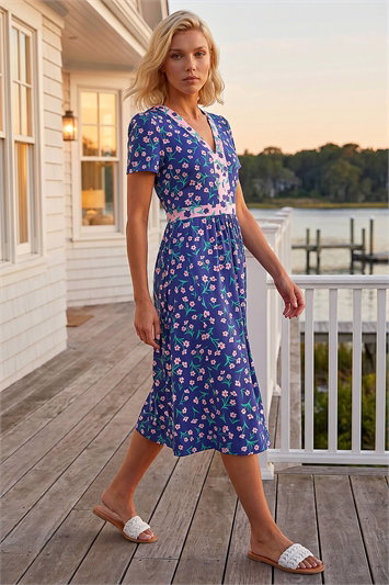 Blue Petite Floral Contrast Stretch Midi Dress