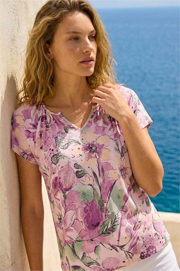 Pink Abstract Floral Print Stretch Top