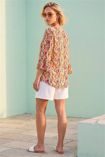Abstract Wave Print Flared Sleeve Top 20251864