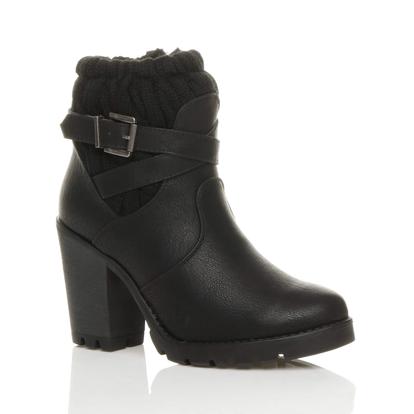 Black High Block Heel Knitted Collar Biker Ankle Boots
