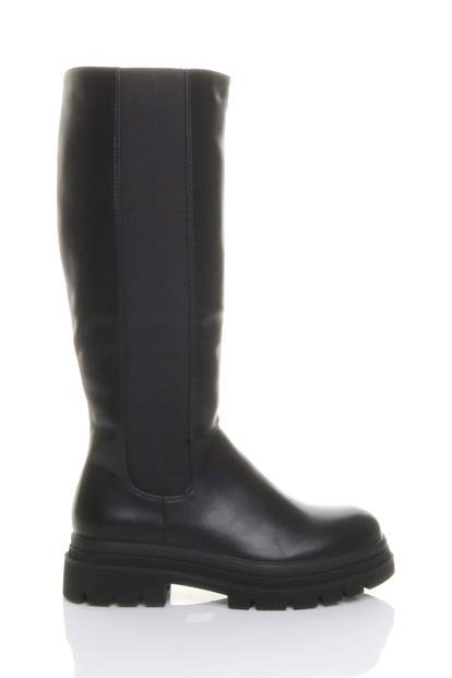 Black Chunky Stretch Chelsea Knee High Boots
