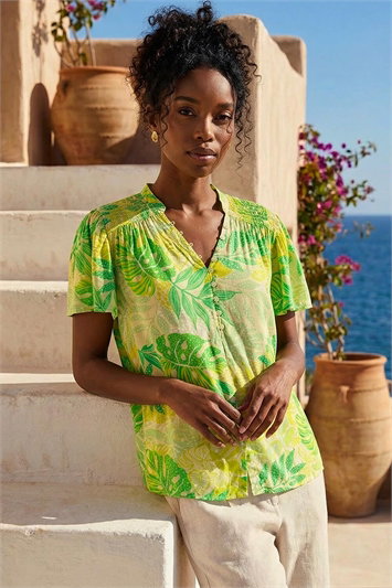 Green Leaf Print Shirred V-Neck Top