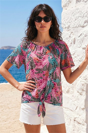 Purple Print Tie Front Button Top