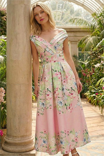 Floral Print Bardot Midi Stretch Dress 14732172