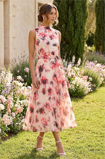 Petite Floral Pleated Halter Neck Midi Dress 14601978