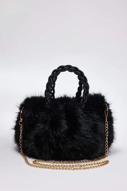 Black Women's Faux Fur Gathered Shoulder Bag With Braided Handle
