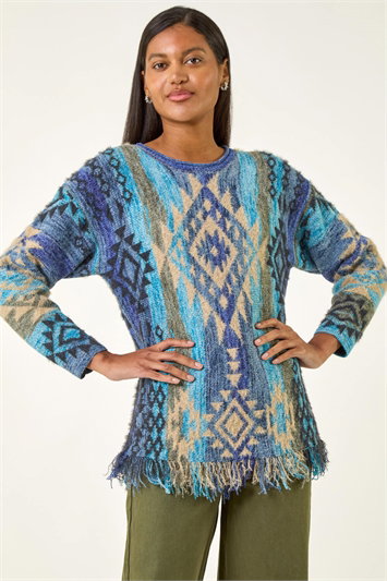 Blue Jacquard Tassel Trim Knit Jumper