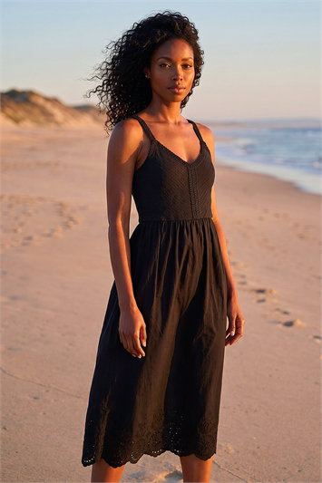 Black Crochet Strappy Midi Dress