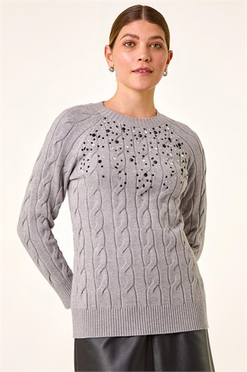 Grey Embellished Cable Knit Jumper