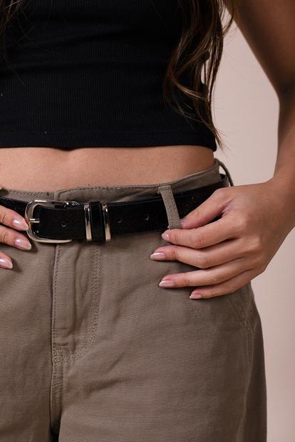 Black Snake Print Belt With Silver Metal Buckle In Black