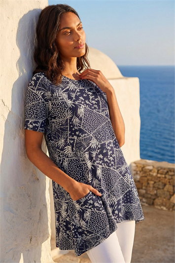 Blue Patchwork Mono Print Tunic Top