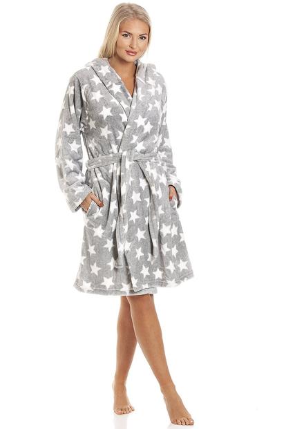 Grey Supersoft Velour Fleece Star Print Hooded Bathrobe
